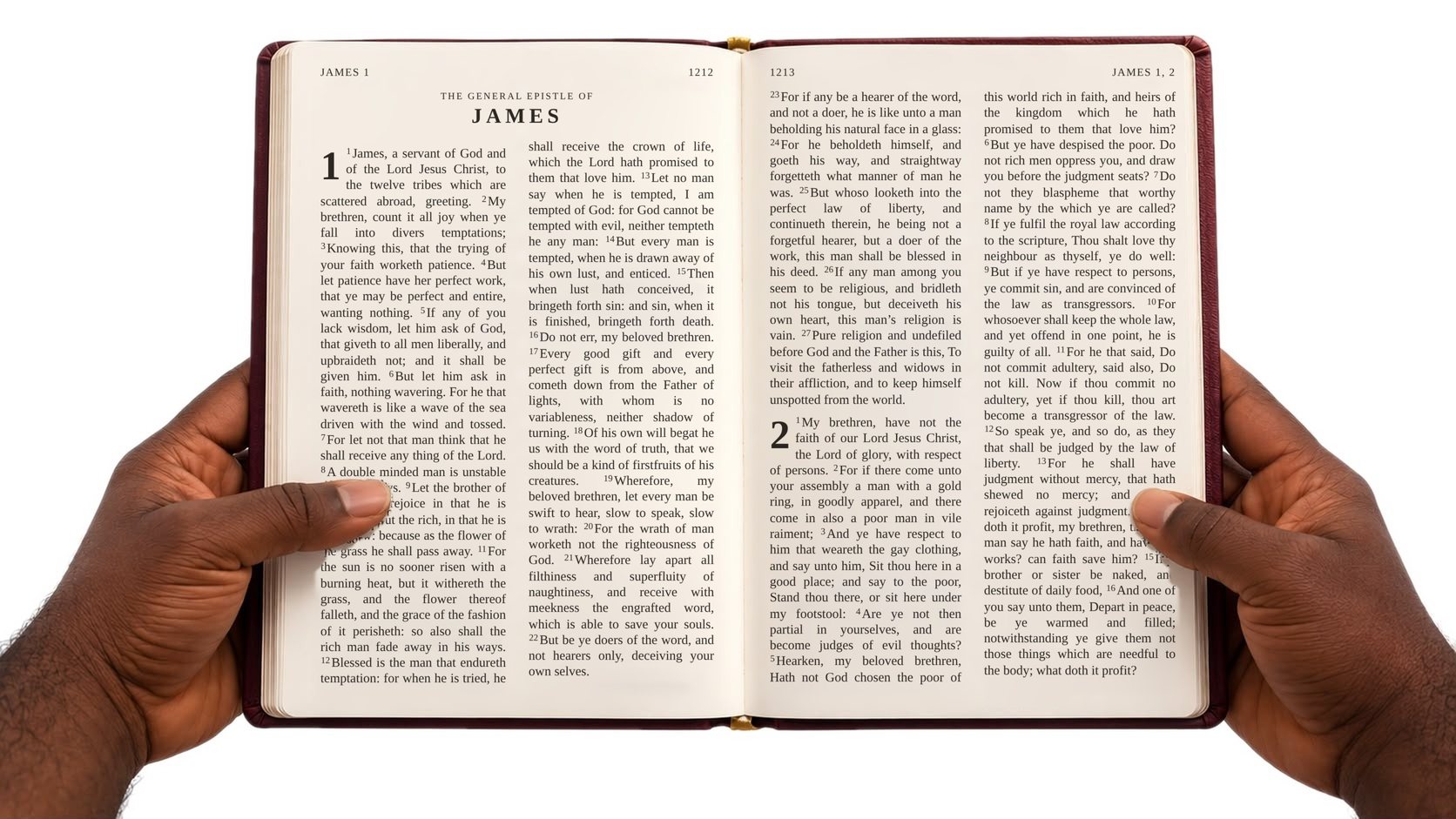 Brother Jimi’s hands holding out an open Bible at James 1, with verse 21 highlighted: receive with meekness the engrafted word, which is able to save your souls.